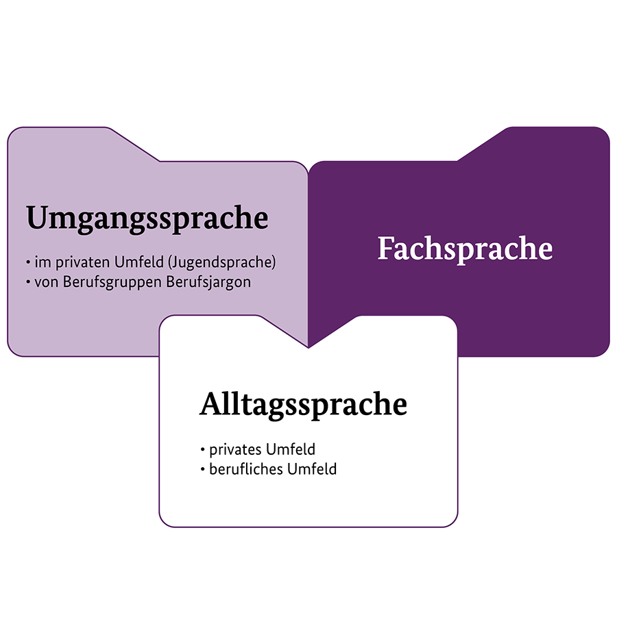 Ein Venn-Diagramm mit drei sich überlappenden Abschnitten: „Fachsprache“ in Dunkelviolett, „Umgangssprache“ in Hellviolett, mit einer Auflistung privater und beruflicher Umgebungen, und „Alltagssprache“ in Weiß, mit einer Auflistung privater und beruflicher Kontexte.