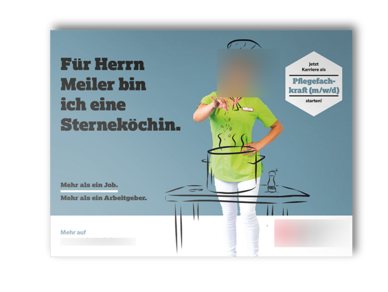 Eine Person in einem grünen Hemd steht mit einem großen Löffel in der Hand über der Zeichnung eines Topfes auf einem Herd. Der Text auf Deutsch wirbt für eine Karriere in der Pflege und enthält humorvolle Anspielungen auf die Ausbildung zum „Sternekoch“.