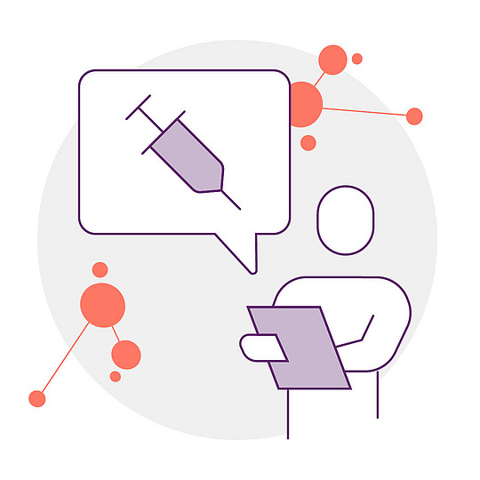 Illustration: Eine Person hält ein Klemmbrett, links neben ihr eine Sprechblase, in der eine große Spritze zu sehen ist.