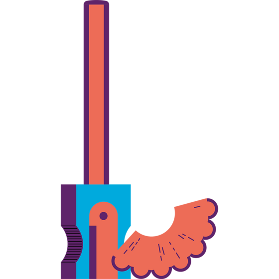 Eine stilisierte Abbildung eines Bleistift mit blauem Griff und orangefarbenem Kopf vor weißem Hintergrund.
