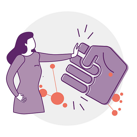 Illustration: Rechts eine große Faust, eine Person links hält mit ihrer Hand dagegen