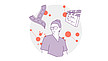 Illustration einer Person mit Brille und Dutt, umgeben von Filmstreifen, einer Filmklappe und rot-orangen Kreisen und Linien auf grauem Hintergrund. Die Person trägt ein lila Hemd.