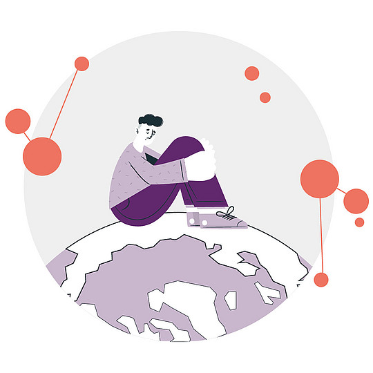 Illustration: Ein Mann sitzt mit angezogenen Beinen und traurigem Blick auf einer Weltkugel.