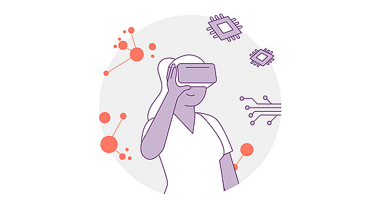 Abbildung einer Frau, die ein Virtual-Reality-Headset trägt, umgeben von abstrakten orangefarbenen Kreisen und violetten Computerchip-Symbolen, die Technologie und Konnektivität symbolisieren. Der Hintergrund ist ein weicher grauer Kreis.