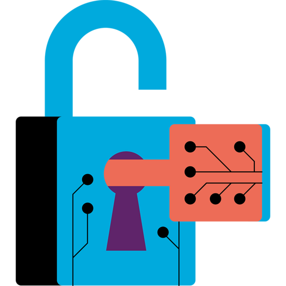 Eine stilisierte Illustration zeigt ein Schlüsselloch, das mit einem Gitarrenkopf verschmolzen ist. Sie ist mit Schaltkreisen und Knotenpunkten versehen und symbolisiert die Verschmelzung von Technologie, Musik und Sicherheit. Das Design verwendet die Farben Blau, Orange, Lila und Schwarz.