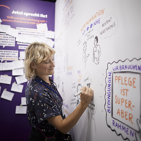 Eine Frau mit blondem Haar malt auf einer weißen Tafel und illustriert Konzepte zu Kommunikation und Pflege. Im Hintergrund sind violette Banner mit Text und verschiedenen angehängten Notizen zu sehen.