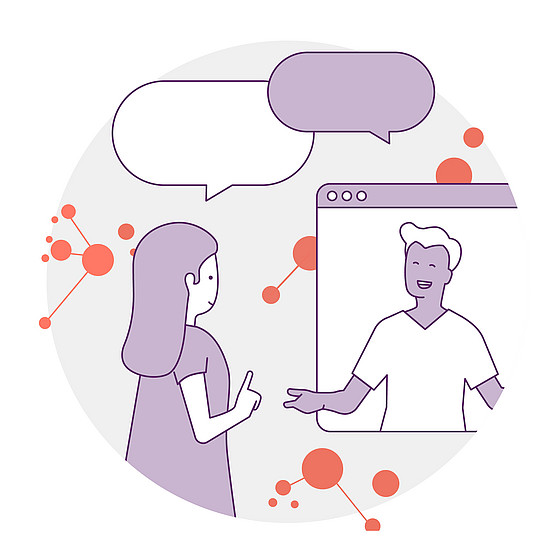 Abbildung einer Frau, die vor einem Computerbildschirm steht und ein Videogespräch mit einem Mann führt. Sprechblasen deuten auf ein Gespräch hin. Der Hintergrund zeigt abstrakte rote und orangefarbene Netzwerkgrafiken.