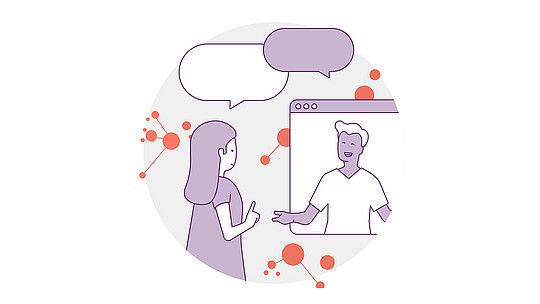 Abbildung einer Frau, die vor einem Computerbildschirm steht und ein Videogespräch mit einem Mann führt. Sprechblasen deuten auf ein Gespräch hin. Der Hintergrund zeigt abstrakte rote und orangefarbene Netzwerkgrafiken.