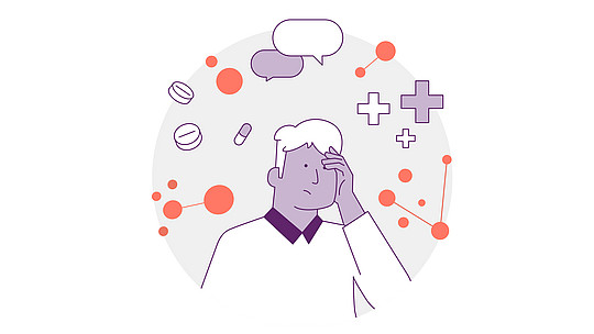 Illustration einer Person, die mit schmerzverzerrtem Gesichtsausdruck ihren Kopf hält, umgeben von Pillen, Sprechblasen und medizinischen Symbolen, die Unbehagen oder ein gesundheitliches Problem suggerieren. Der Hintergrund besteht aus abstrakten Kreisen und Linien.