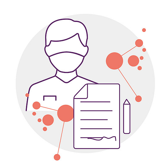 Illustration: Eine Person trägt eine Schutzmaske. Vor ihr ein beschriebenes Dokument und ein Stift.