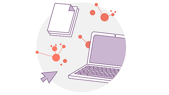 Eine Illustration mit einem Laptop und Blättern mit miteinander verbundenen orangefarbenen Kreisen, die einem Netzwerk ähneln. Daneben ist ein großer Pfeilzeiger abgebildet, alles vor einem kreisförmigen grauen Hintergrund.