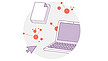 Eine Illustration mit einem Laptop und Blättern mit miteinander verbundenen orangefarbenen Kreisen, die einem Netzwerk ähneln. Daneben ist ein großer Pfeilzeiger abgebildet, alles vor einem kreisförmigen grauen Hintergrund.