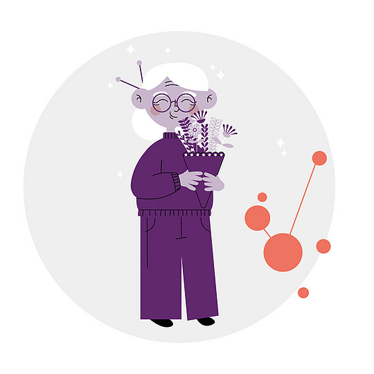 Illustration: Seniorin hält einen Pflanzentopf