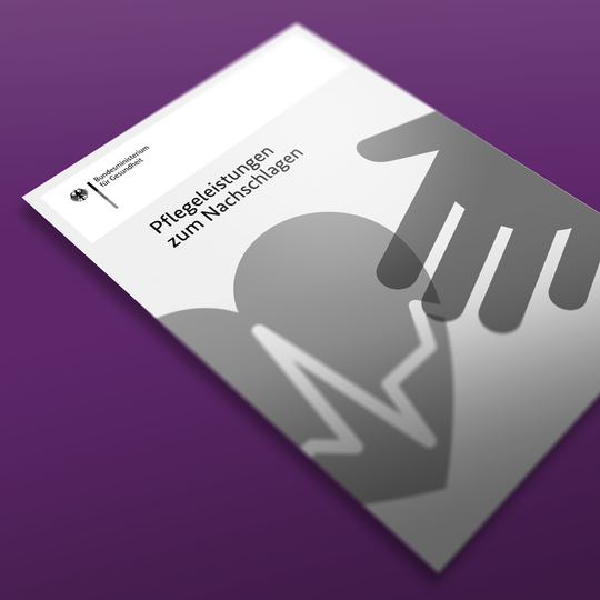 Eine Broschüre mit violettem Hintergrund. Auf dem Cover ist ein graues Herz mit einem Blitz und einer Handbewegung zu sehen. Der Titel lautet „Pflegeleistungen zum Nachschlagen“ mit einem Logo in der oberen linken Ecke.