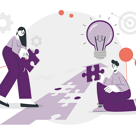 Illustration: Zwei Figuren setzen Puzzlestücke auf einen Weg, auf dem Stücke fehlen