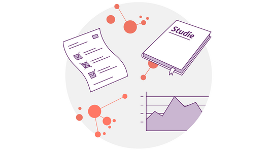 Illustration mit einer Checkliste, einem Buch mit dem Titel „Studie“ und einem Diagramm mit miteinander verbundenen orangefarbenen Kreisen, die Daten und Forschungsthemen darstellen.