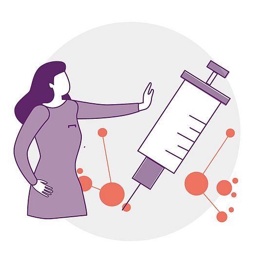 Illustration: Links eine Person, die ihren Arm nach vorn streckt, rechts eine Spritze.