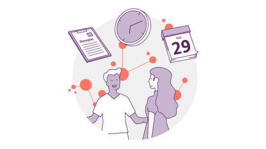 Abbildung von zwei Personen, die sich unterhalten, mit einem Netzwerk verbundener Punkte dahinter. Darüber sind ein Dokument mit der Aufschrift „Diskussion“, eine Uhr und ein Kalender mit dem 29. August zu sehen. Das Farbschema ist Lila und Orange.