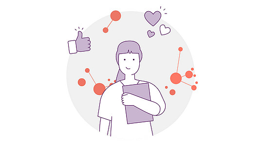 Abbildung einer Person, die ein Buch hält, umgeben von den Symbolen eines Daumens nach oben, eines Herzens und kleiner Herzformen. Im Hintergrund sind abstrakte netzwerkartige orangefarbene Formen zu sehen, die sich von einem hellgrauen Kreis abheben.