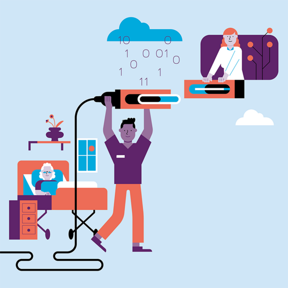 Eine Krankenschwester steckt ein großes virtuelles Kabel in eine Steckdose, die von einer entfernten Person gehalten wird. Über ihnen sind digitale Binärzahlen und Wolken zu sehen, und verbindet einen bettlägerigen Patienten mit der Fernpflegetechnologie.