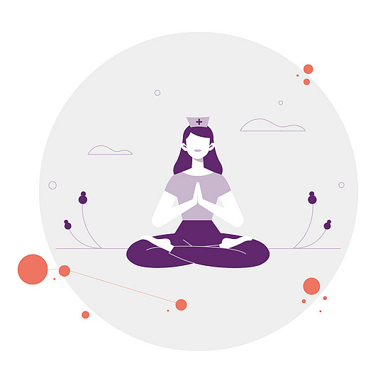 Illustration: Eine Person mit langen Haaren trägt Sportkleidung, sitzt im Scheidersitz und hält die Hände vor dem Herzen zusammen.