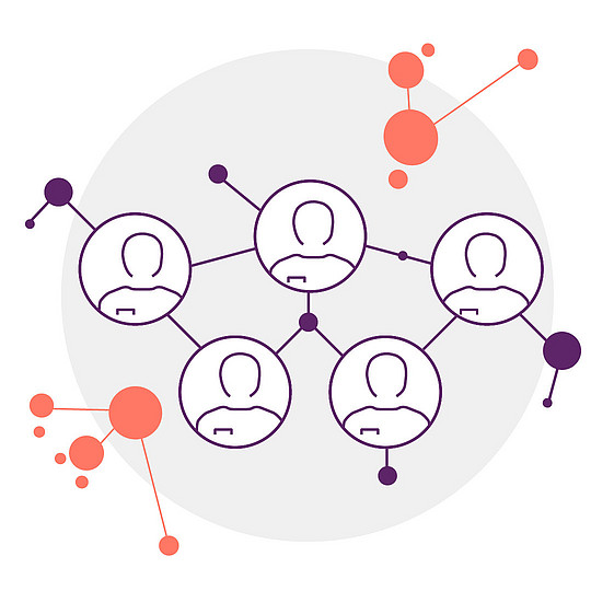 Ein Netzwerkdiagramm mit miteinander verbundenen Kreisen, die Personen darstellen, dargestellt als einfache Symbole mit Linien, die sie verbinden. Der Hintergrund zeigt abstrakte Designs mit Punkten und Linien in Rot- und Lilatönen.