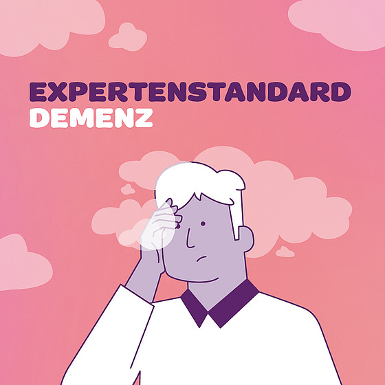 Abbildung einer Person mit nachdenklichem Gesichtsausdruck, die ihren Kopf hält, vor einem rosa Hintergrund mit Wolkenformen. Der Text lautet „EXPERTENSTANDARD DEMENZ.