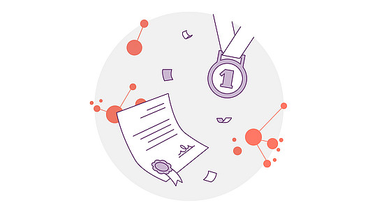 Abbildung einer Medaille für den ersten Platz und einer Urkunde mit Siegel, umgeben von abstrakten rot-orangen Kreisen und Linien auf hellgrauem, kreisförmigem Hintergrund.