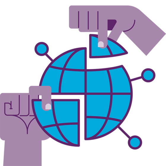 Abstrakte Darstellung von zwei Händen, die einen segmentierten blauen Globus auf violettem Hintergrund halten, mit blauen Punkten und geschwungenen Linien darum herum.