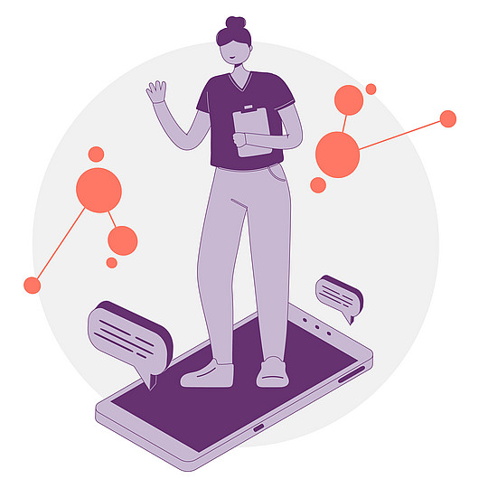 Illustration: Eine Person steht auf einem übergroßen Tablet-PC. In der Hand hält sie ein Klemmbrett. Um sie herum tauchen zwei Sprechblasen auf.