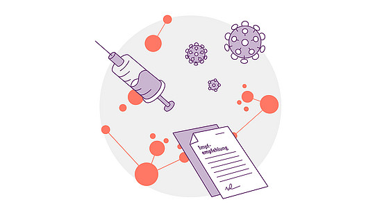 Abbildung einer Spritze und von Dokumenten mit der Aufschrift „Impfempfehlung“, umgeben von stilisierten Viruspartikeln und verbundenen Kreisen, die Impfempfehlungen symbolisieren.