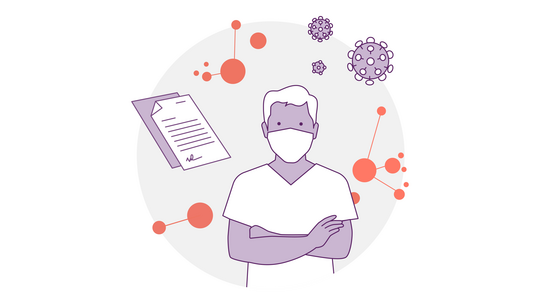 Abbildung einer Person mit verschränkten Armen, die eine Maske trägt, umgeben von abstrakten Molekül- und Virusformen. Links ist ein Dokument sichtbar. Der Hintergrund zeigt verbundene orange und violette Punkte, die wissenschaftliche Konzepte symbolisieren.