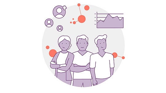 Abbildung von drei zusammenstehenden Personen mit Symbolen von Benutzerprofilen, Diagrammen und Datenpunkten im Hintergrund, was auf Teamarbeit oder Datenanalysethemen hindeutet.