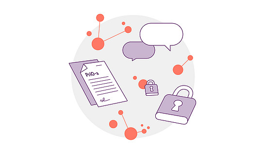 Abbildung eines Dokuments mit der Aufschrift „PriO-a“, zwei Sprechblasen und Schlössern, umgeben von Netzwerkknoten, als Symbol für Datenschutz und sichere Kommunikation.