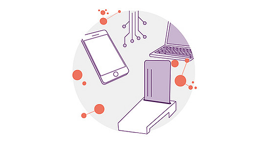 Illustration mit einem Chip-Kartenlesengerät und Smartphone sowie Laptop. Es soll Digitalisierung zeigen. Es ist im Hintergrund ein grauer Kreis und orange Netzwerkzeichen zu sehen.