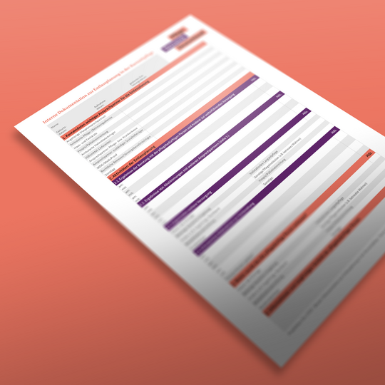 Ein unscharfes Dokument mit einer Tabelle mit mehreren Zeilen und Spalten auf einem orangefarbenen Hintergrund mit Farbverlauf. Die Tabelle verwendet verschiedene Farben wie Orange und Lila, um verschiedene Textabschnitte hervorzuheben. Der Text ist aufgrund der Unschärfe nicht lesbar.