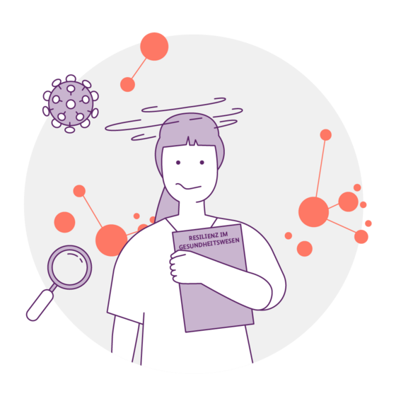 Illustration einer Person, die ein Buch mit dem Titel „Resilienz im Gesundheitswesen“ hält, mit abstrakten wissenschaftlichen Elementen wie Molekülen, einem Virus und einer Lupe im Hintergrund.