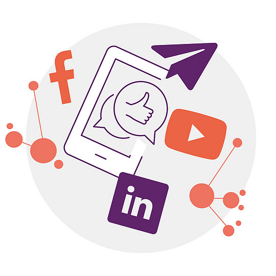 Illustration: Ein Smartphone, daneben die Logos mehrer sozialer Netzwerke.
