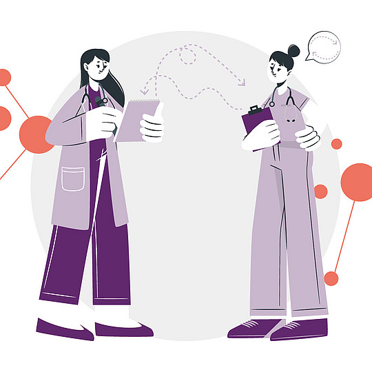 Illustration: Zwei Frauen mit Klemmbrett und Stethoskop, eine mit Arztkittel, die andere in Berufsbekleidung für die Pflege