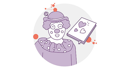 Illustration eines Clowns mit einer Blume auf dem Hut und einem Rüschenkragen, der neben einem schwebenden Tagebuch mit Herzsymbolen auf dem Cover lächelt.