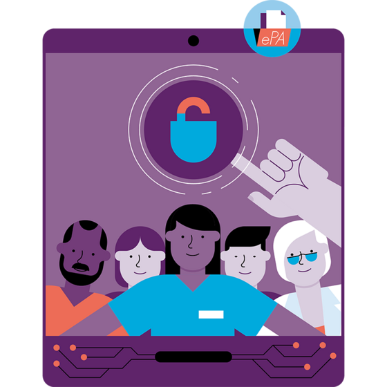 Abbildung: Fünf verschiedene medizinische Fachkräfte stehen vor einem großen Tablet-Bildschirm mit einem Symbol für ein unverschlossenes Vorhängeschloss, während eine Hand das Symbol berührt, das einen sicheren Zugriff auf elektronische Patientenakten darstellt.