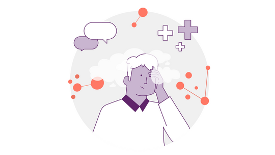 Abbildung einer Person, die ihren Kopf hält, umgeben von Denkblasen, Kreuzen und Netzwerkdiagrammen. Die Farbpalette besteht überwiegend aus Lila und Orange.