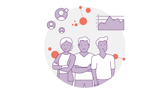 Abbildung von drei Personen, die mit verschränkten Armen zusammenstehen, umgeben von Symbolen verbundener Kreise, Benutzerprofile und ein Diagramm. Das Farbschema besteht hauptsächlich aus Lila und Orange auf hellem Hintergrund.
