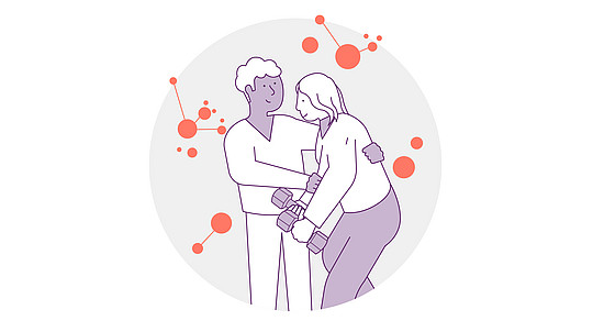 Eine Illustration von zwei Personen, die zusammen trainieren. Eine Person hilft der anderen beim Hantelheben, vor einem Hintergrund mit abstrakten roten und orangefarbenen Kreisen.