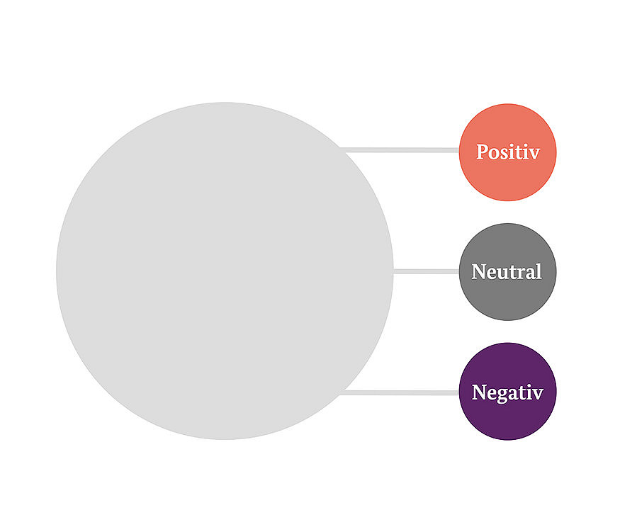 Ein großer grauer Kreis links ist mit drei kleineren farbigen Kreisen rechts verbunden. Die Kreise sind beschriftet: „Positiv“ in Rot, „Neutral“ in Grau und „Negativ“ in Lila.