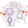 Illustration: Links ist der Bundesadler und ein Pin zu sehen, der eine Stadt symbolisiert, auf der rechten Bildseite eine Pflegekraft. Sprechblasen zwischen Adler und Pflegekraft symbolisieren den Dialog und die Zusammenarbeit zwischen Pflege und lokaler Verwaltung.