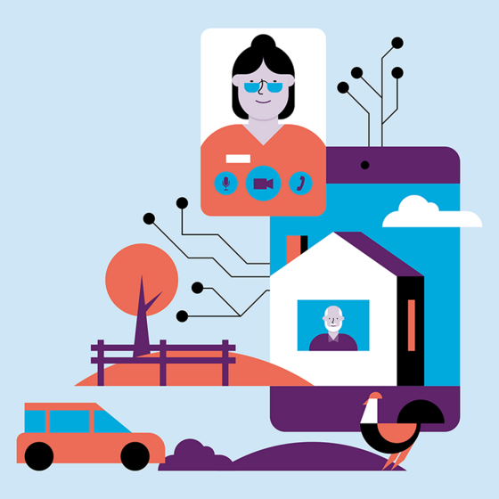 Eine stilisierte Illustration, die virtuelle Kommunikation zeigt: Auf einem Telefonbildschirm erscheint eine Frau in einem Videoanruf, auf einem anderen Bildschirm ist ein Mann in einem Haus sichtbar, in der Landschaft sind Bäume, ein Zaun, ein Auto und ein Hahn zu sehen.