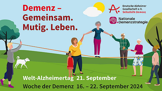 Die Illustration zeigt Menschen unterschiedlichen Alters, die sich in einem Park an den Händen halten, mit einem Text, der für den Welt-Alzheimertag und die Woche der Demenz vom 16. bis 22. September 2024 wirbt. Die Logos der Deutschen Alzheimer Gesellschaft und der Nationalen Demenzstrategie sind sichtbar.
