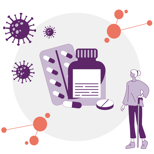 Illustration: Frau mit Gehstock steht neben einer Pillenpackung und einem Medikamentenglas