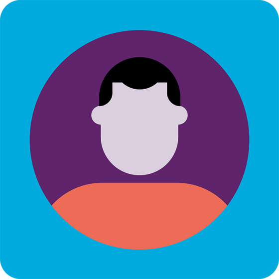 Illustration einer gesichtslosen Person mit kurzen schwarzen Haaren, hellem Hautton und einem orangefarbenen Hemd vor einem violetten Kreis auf blauem Hintergrund.